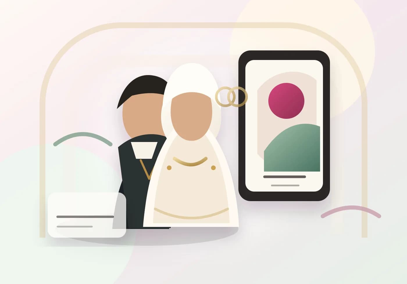 Mariée en tenue islamique élégante et marié dans une scène de mariage cinématique